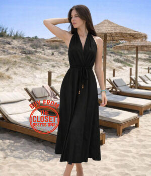 ZARA Black Linen Blend Halter Midi Dress Open Back Quiet Luxury NWT